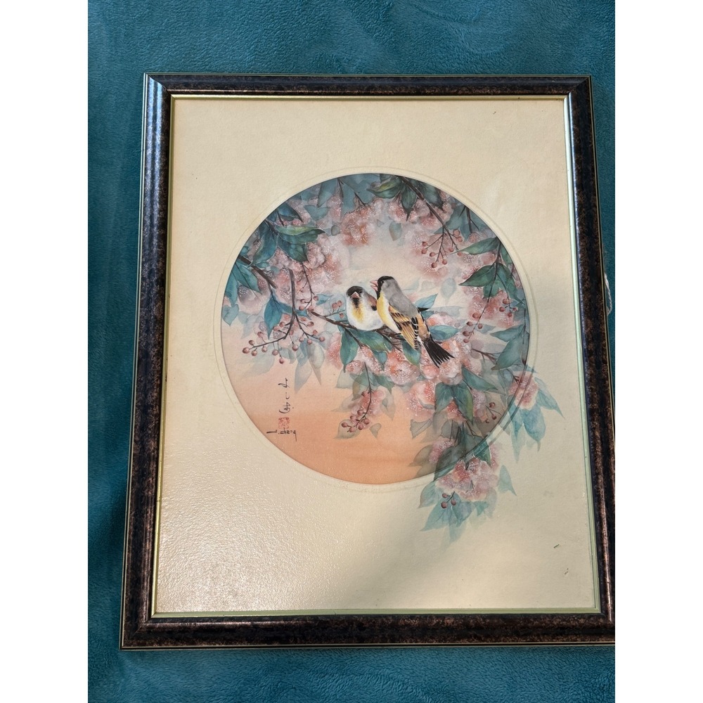 Vintage J Cheng Signed Chinese Silk Painting Birds Cherry Blossoms Framed 21x17